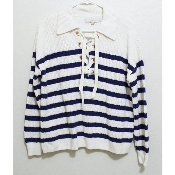 NWT LOFT Striped Lace Up Polo Sweater - Picture 3 of 6